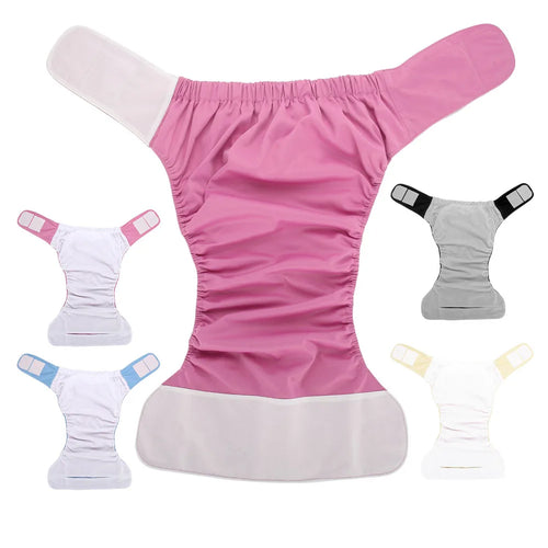 Reusable baby cloth diaper in assorted colors: pink, grey, blue, and white with adjustable tabs.