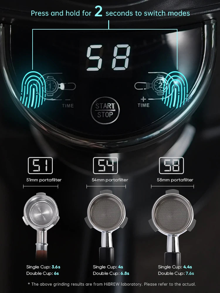 HiBREW digital coffee grinder control panel displaying 51mm, 54mm, and 58mm portafilter grind time settings.