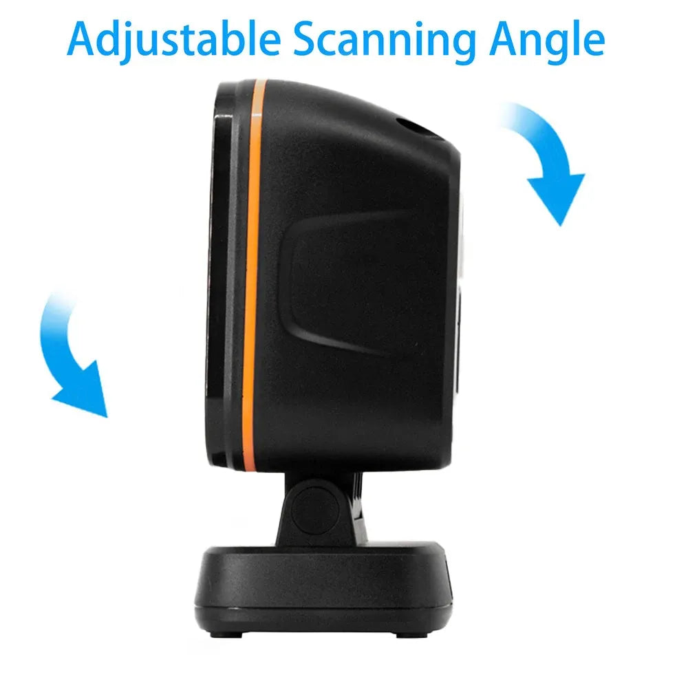 Stand-mounted desktop barcode scanner, black with orange side stripe