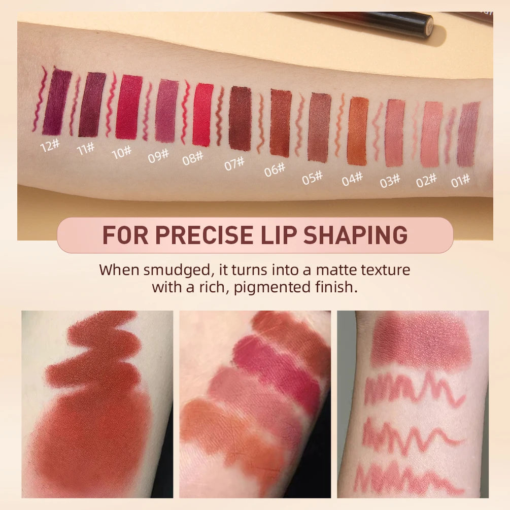 QIBEST matte lip liner and lipstick swatches on arm showing 12 long-lasting, waterproof, pigmented nude and bold shades.