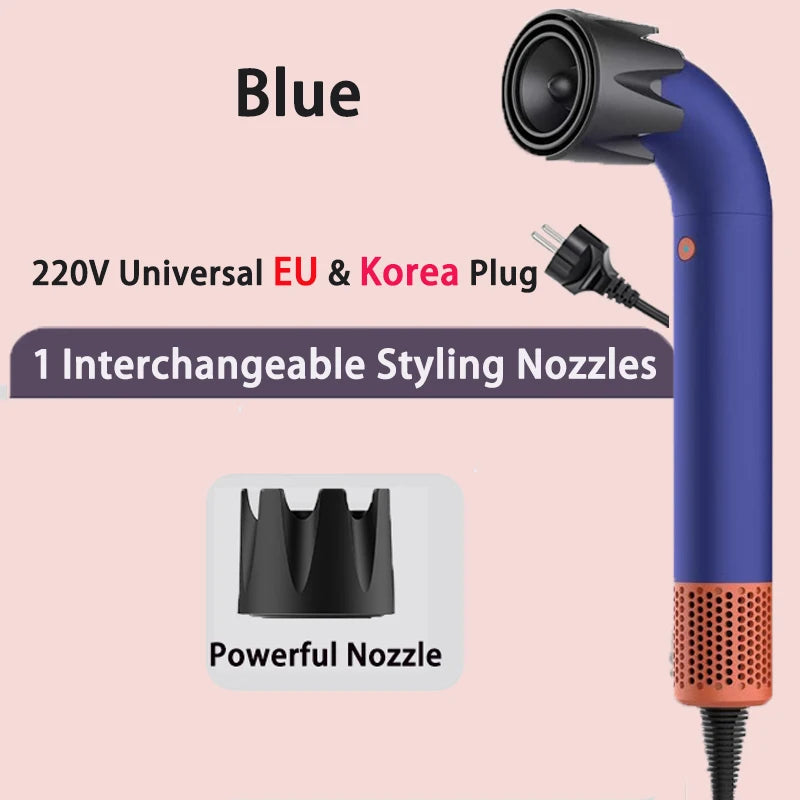 Blue 1400W fast-drying hair dryer with ergonomic design, EU plug, and powerful interchangeable styling nozzle.