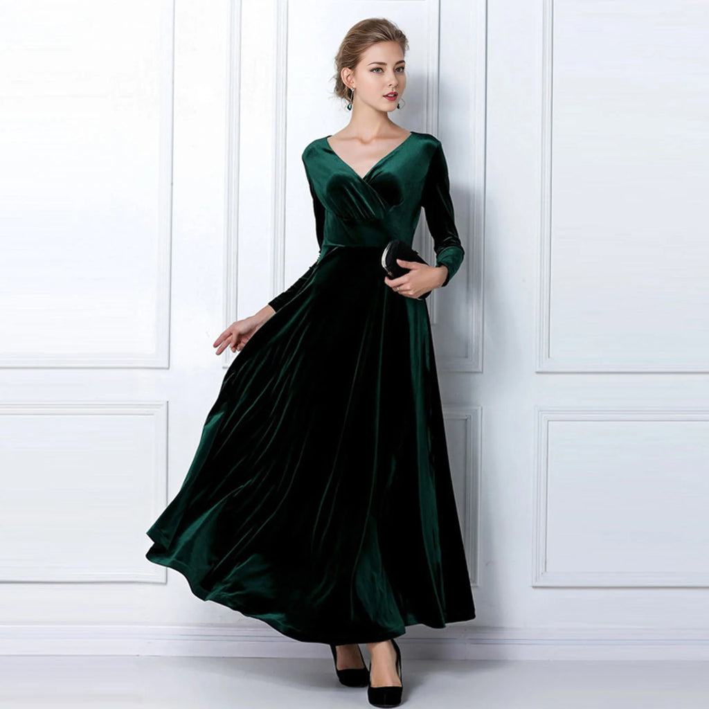 Vintage Women Autumn Long Sleeve V Neck Pleated Velvet Banquet Party Maxi Dress Party Wedding Elegant Evening dress 