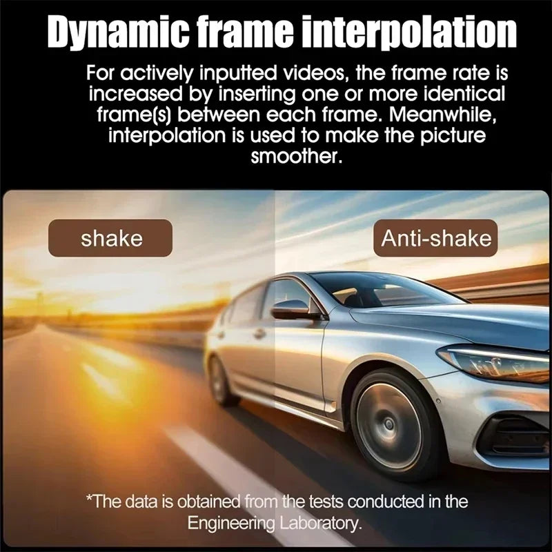 Dynamic frame interpolation visual comparison showing a blurry car image labeled shake versus a stable anti-shake view.