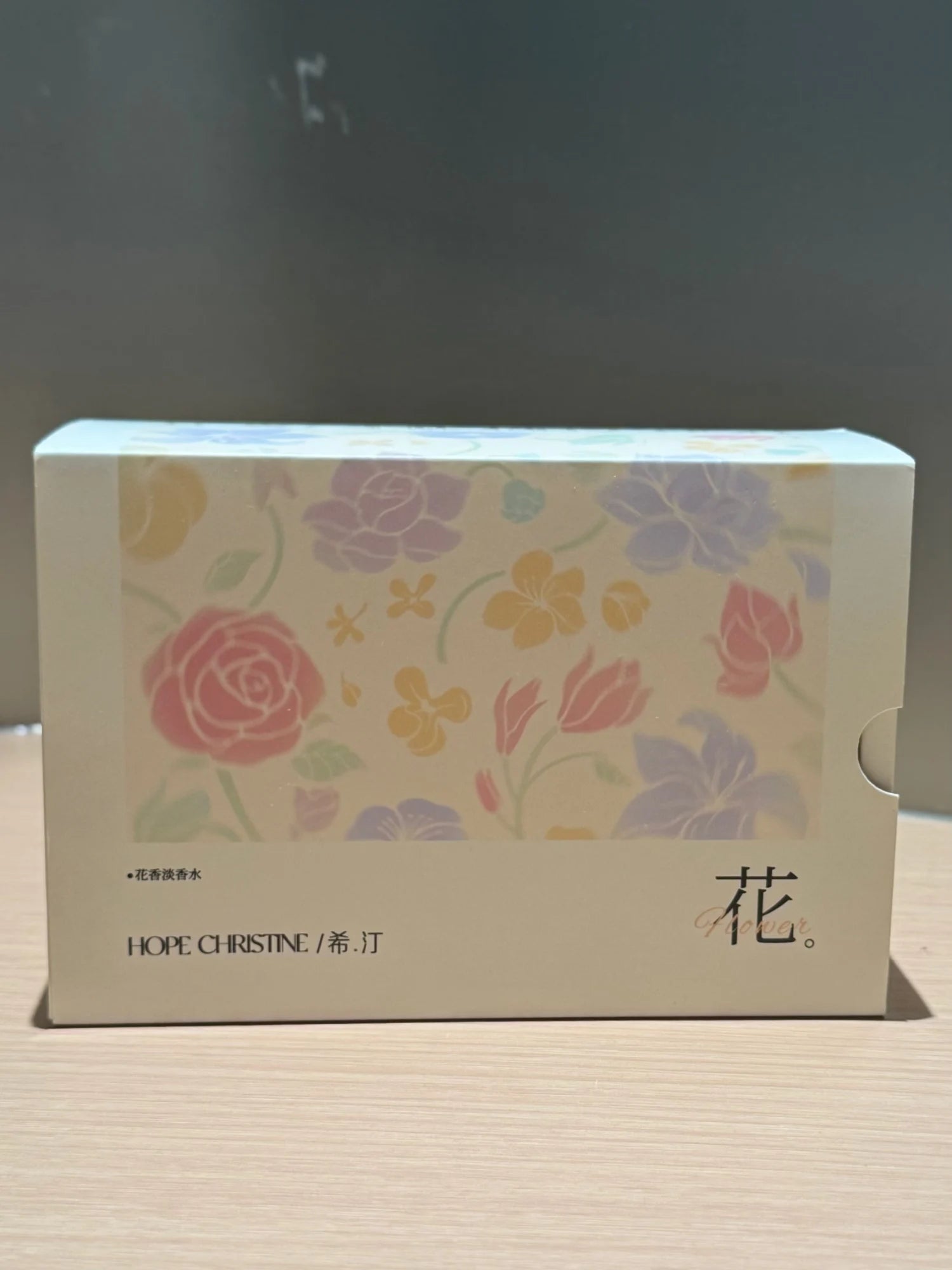 HOPE CHRISTINE floral perfume gift set box with delicate pastel rose, cherry blossom, and lotus print design.