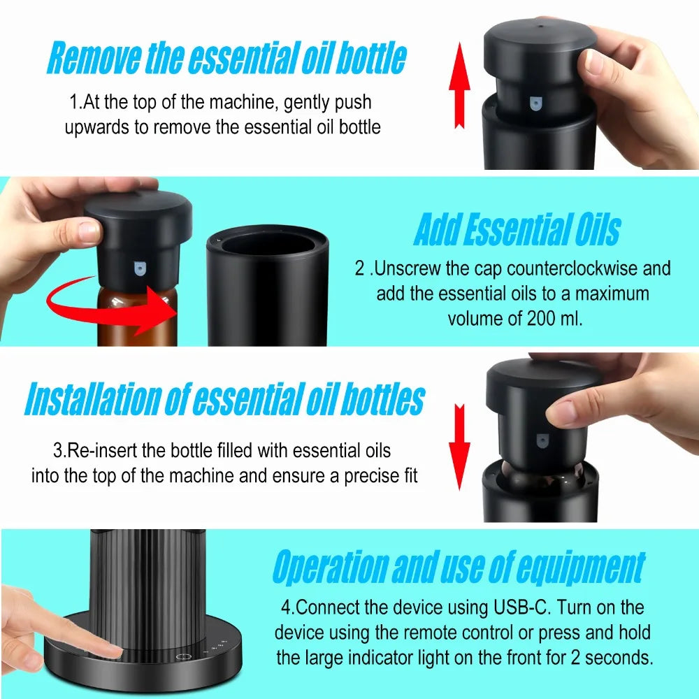 Waterless Scent Essential Oil Diffuser Black Intelligent Aromatherapy Diffuser 200ML Large Capacity Aroma Diffuser Hotel Home