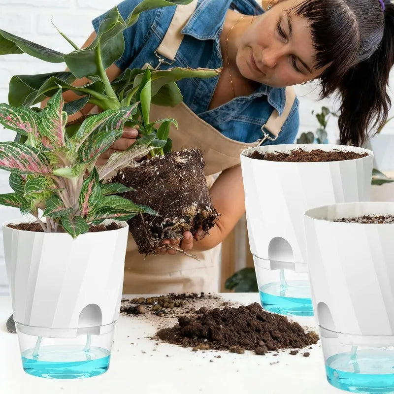 Self-watering flower pot with injection hole, white planters with water reservoir base