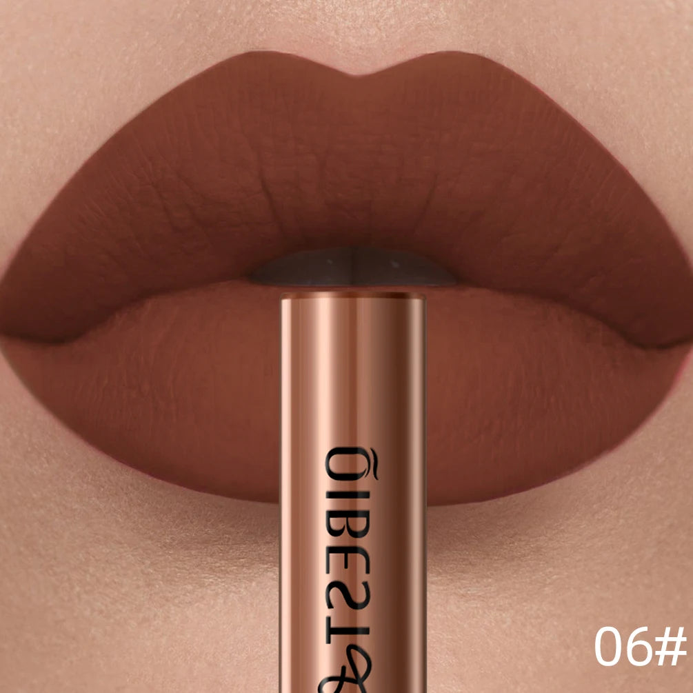 QIBEST long-lasting matte liquid lipstick in a rich terracotta shade with a smooth, velvet finish on lips.