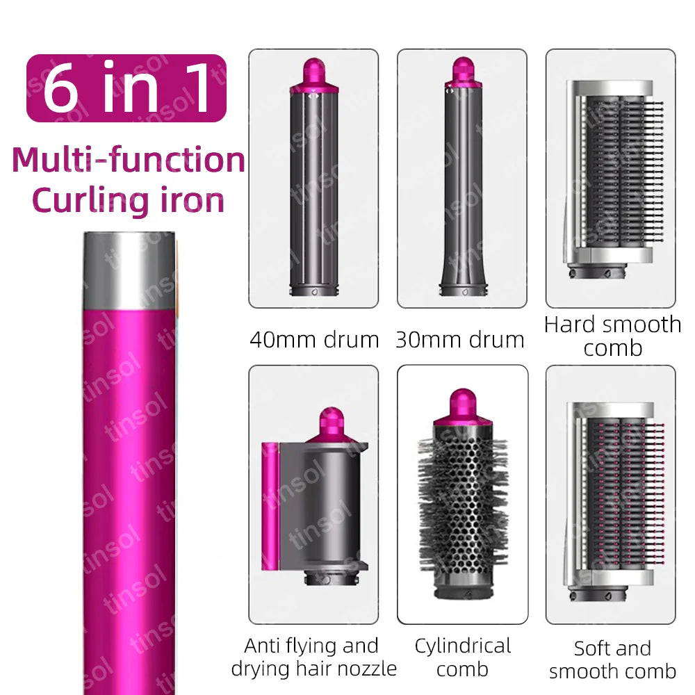 Pink 6-in-1 high-speed hair dryer set with curling barrels, smoothing combs, and anti-frizz nozzle for quick styling.