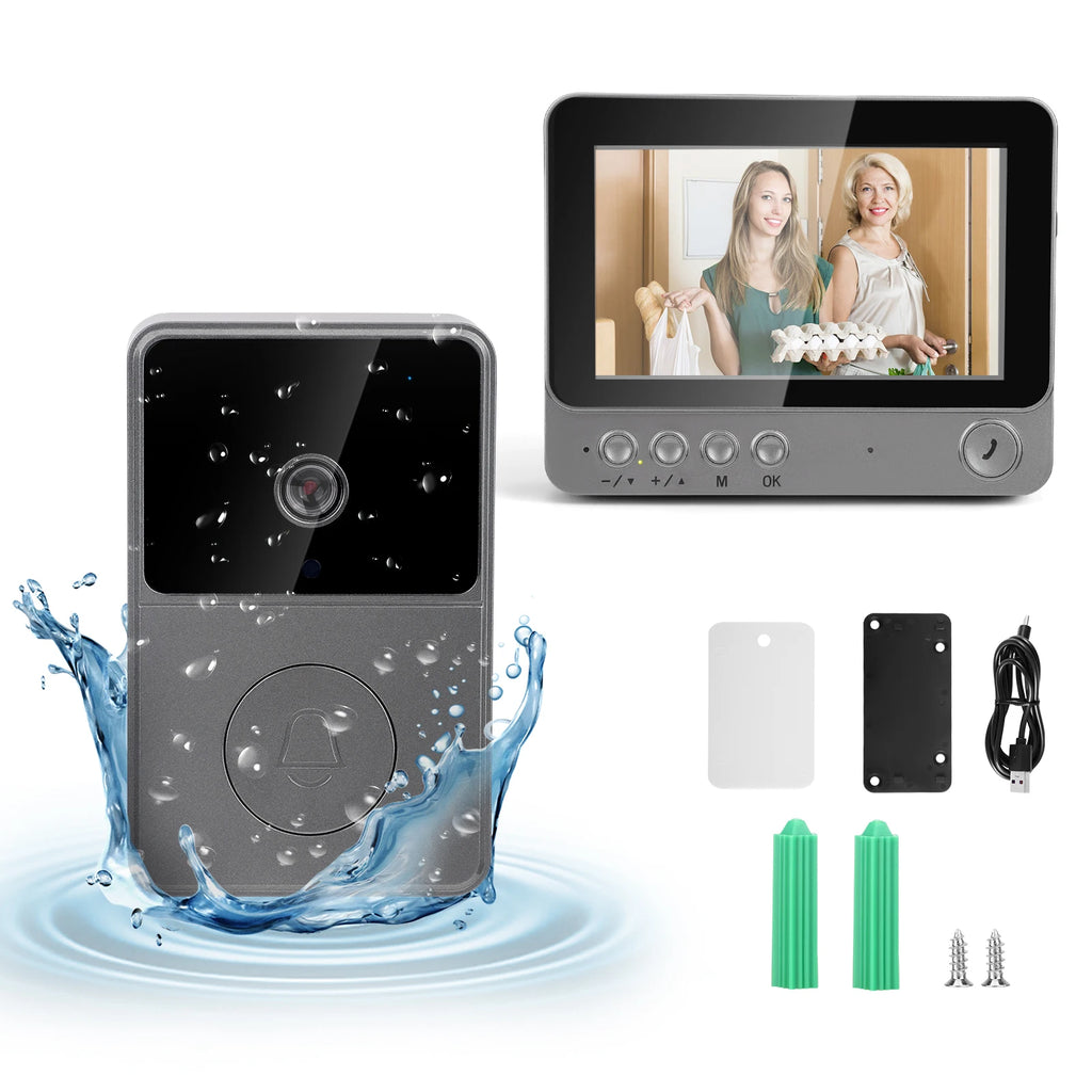 4.3 Inch Doorbell with Camera, Video Doorbell Radio IP65 Waterproof Door Intercom 170° Viewing Angle, Night Vision, 6 Ringtones