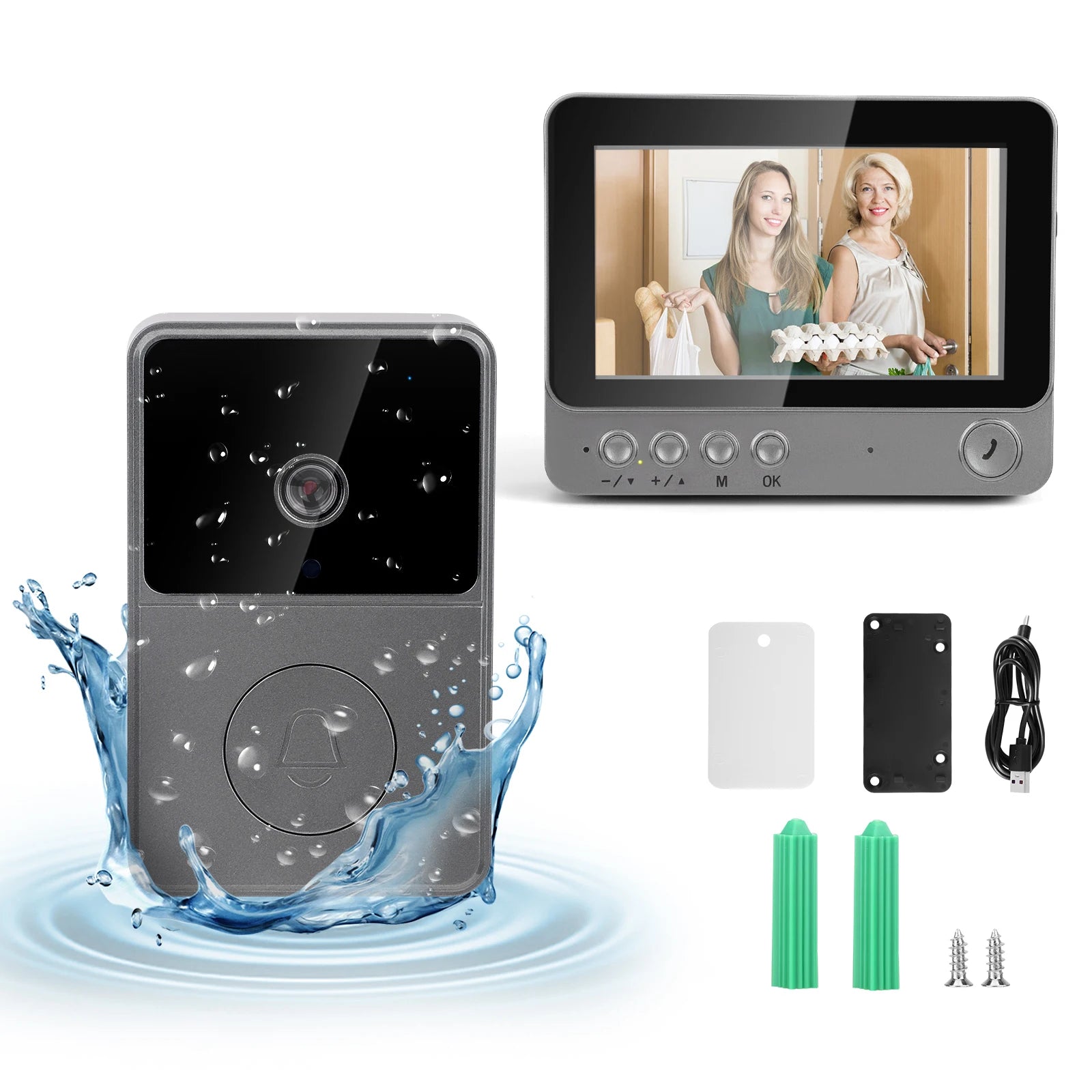 4.3 Inch Doorbell with Camera, Video Doorbell Radio IP65 Waterproof Door Intercom 170° Viewing Angle, Night Vision, 6 Ringtones