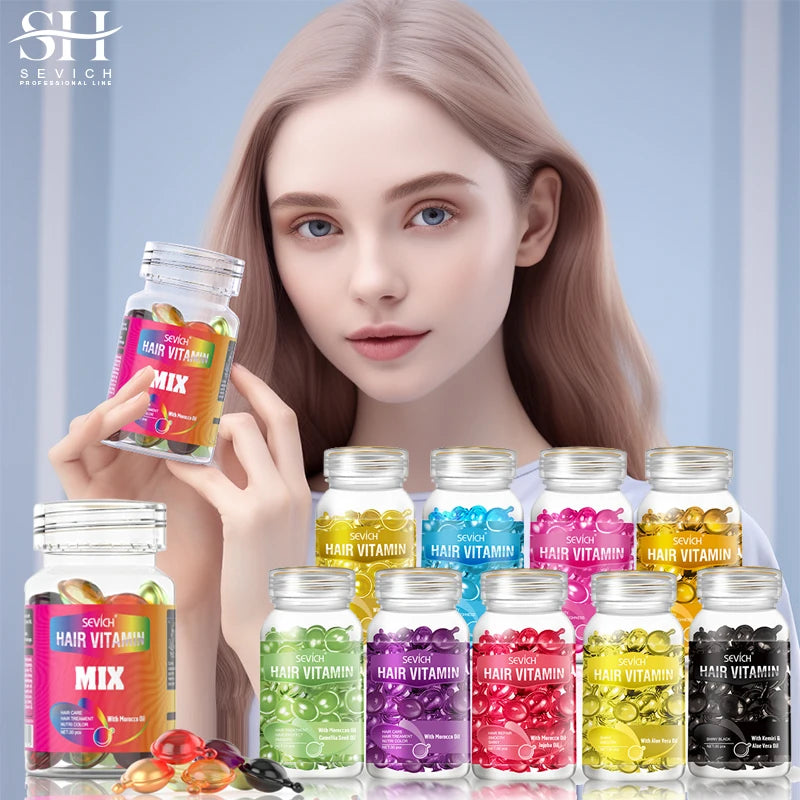Sevich 30pc hair vitamin capsules with Moroccan oil and keratin for damaged hair repair and silky, smooth hair care.