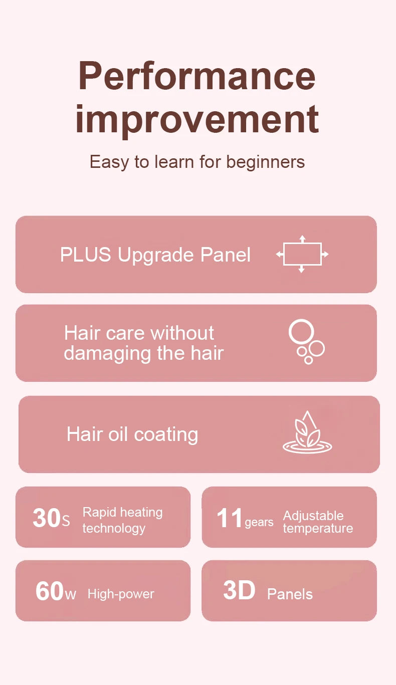 Pink wide-plate hair straightener infographic showing 11 temp settings, 3D oil-coated panels, and rapid heating.