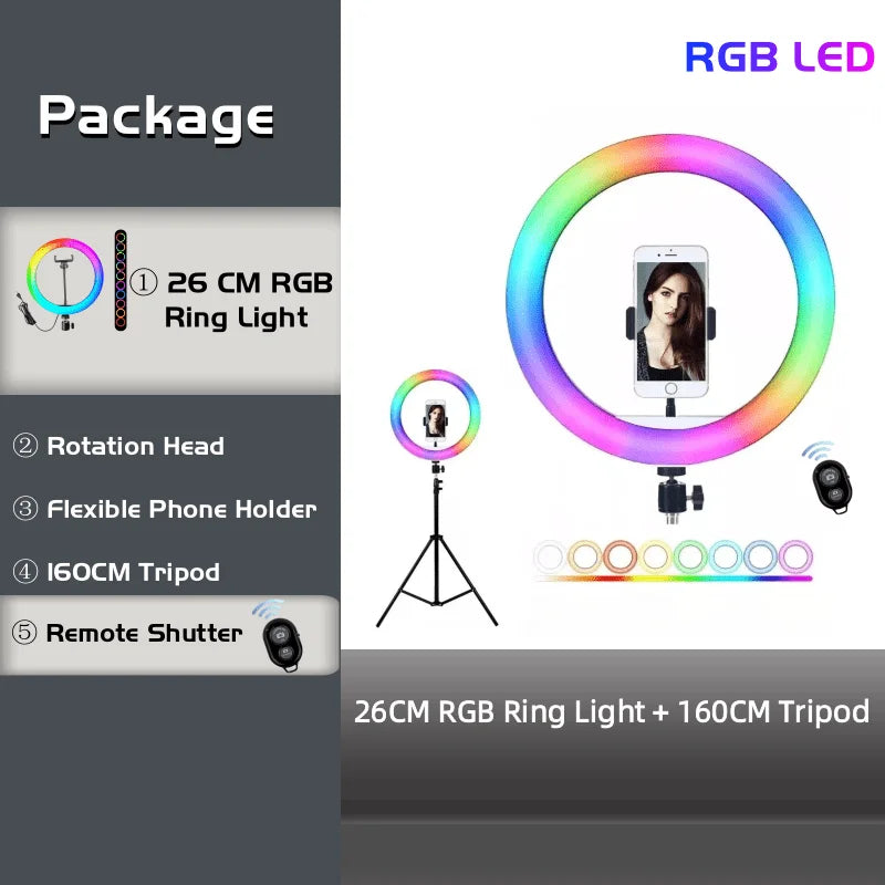 26cm circular RGB LED ring light on a 160cm tripod stand with a smartphone holder and Bluetooth remote shutter.