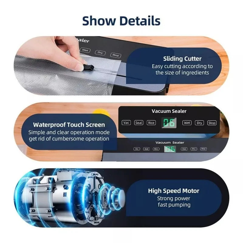 Electric Vacuum Sealer Food Storage Seal Touch Button Dry/Wet Built-in Cutter Kitchen Food Sealing Vacuum Packaging Machine