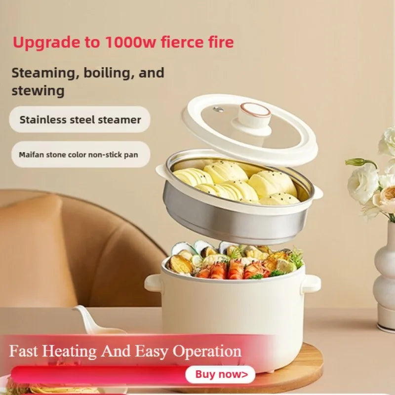 White electric multi cooker with stainless steamer pot and lid, countertop hot pot style