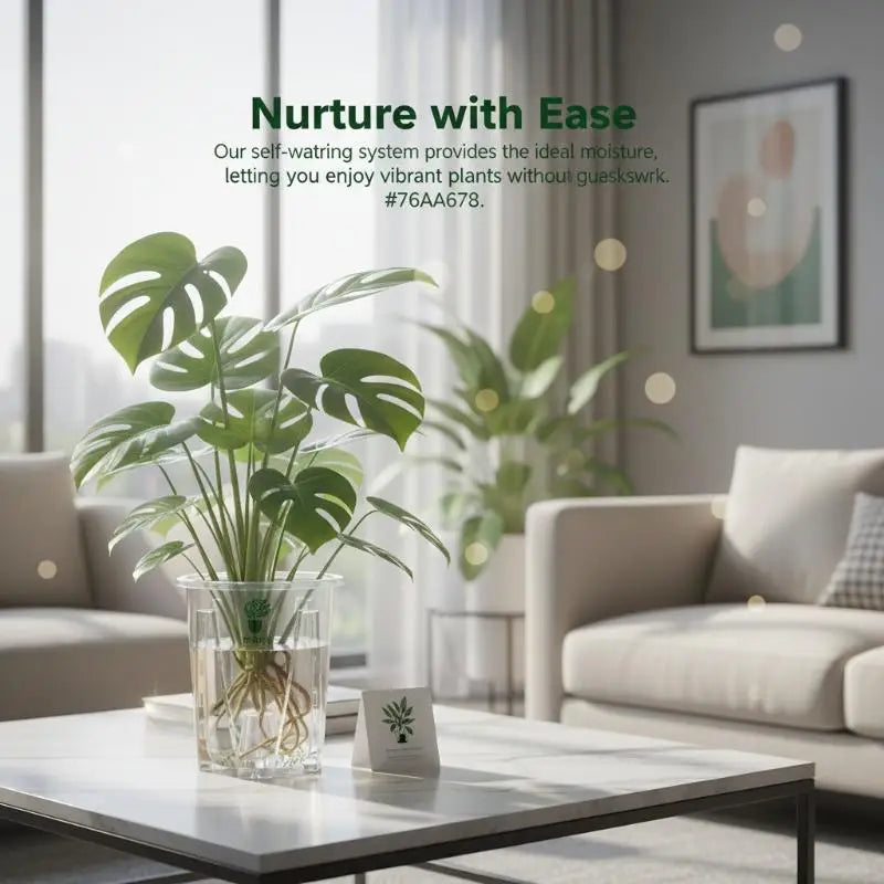 Transparent self-watering planter pot with leafy plant in clear insert
