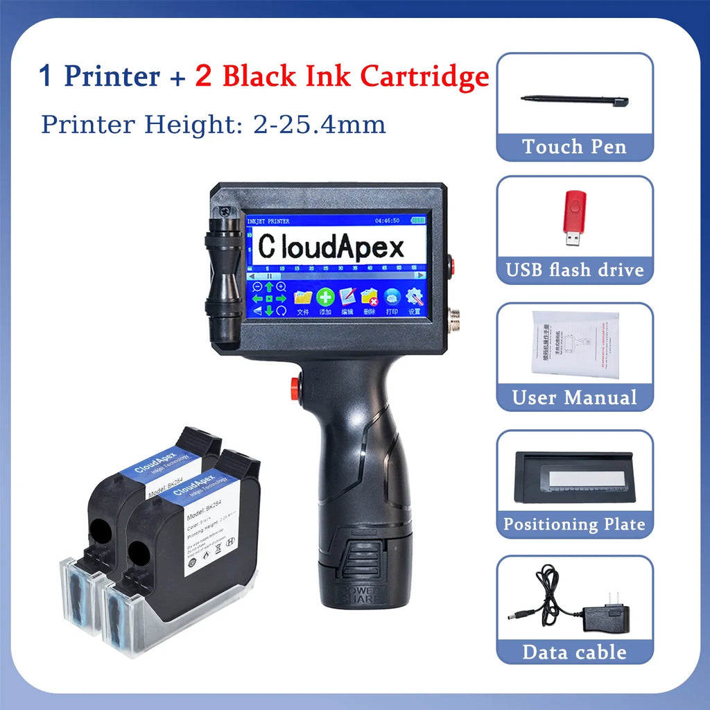 Handheld inkjet printer with accessory list: touch pen, USB flash drive, manual, and cable