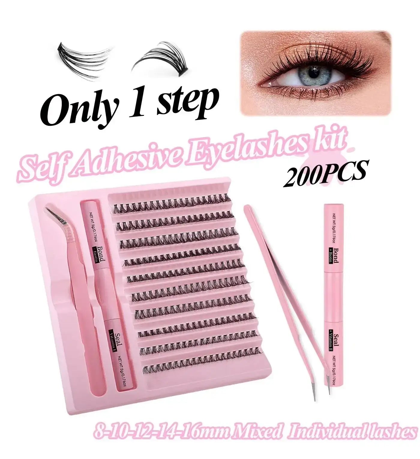 DIY lash kit with 200 mixed-length black clusters, pink bond and seal tubes, and application tweezers on a pink tray.