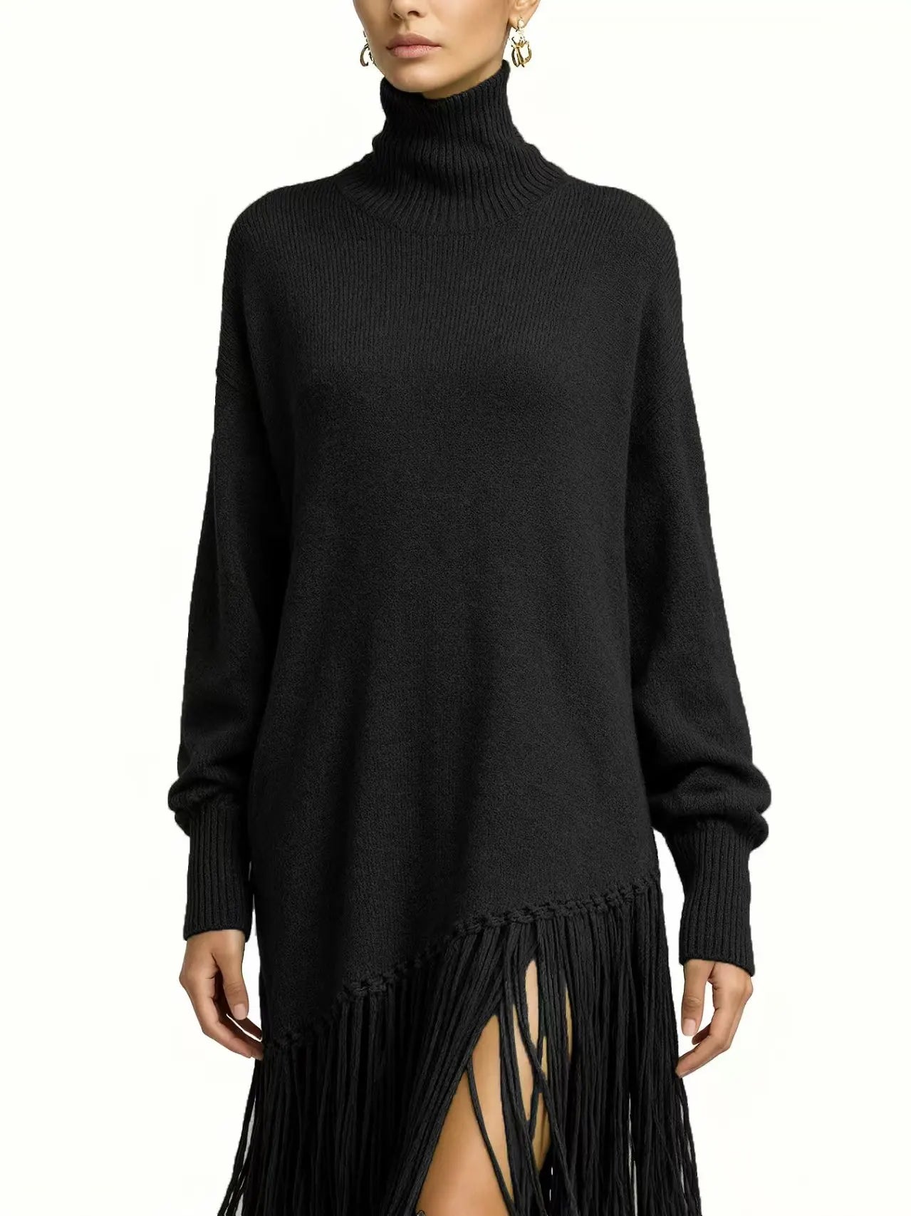 Spring Sexy Turtleneck Tassel Knitted Dress Woman Casual Solid Ribbed Loose Maxi Dress Autumn Long Sleeve Pocket Party Dress