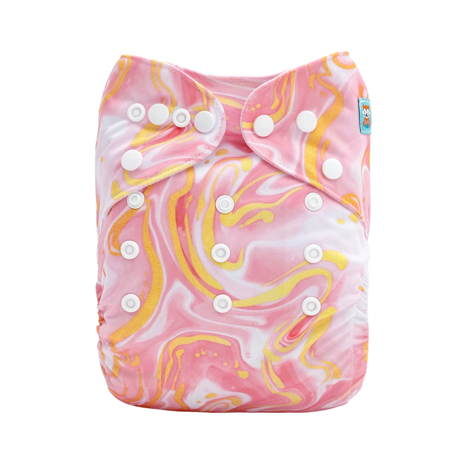 Adjustable baby cloth diaper with pink and yellow marble swirl pattern and snap closures.