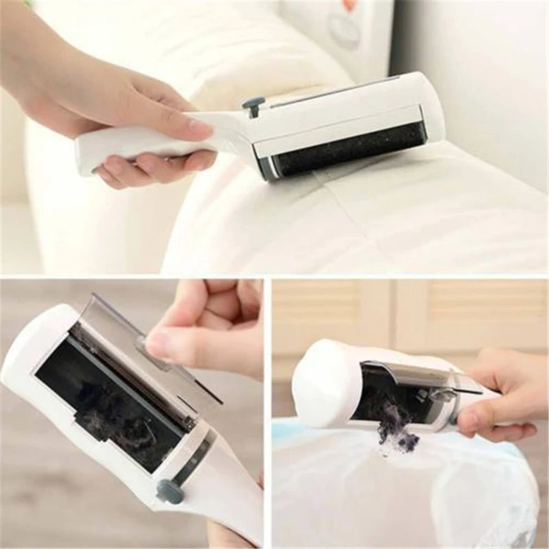 Self-cleaning white lint remover brush for pet hair on furniture, clothing, and upholstery. Easy hair disposal tool.