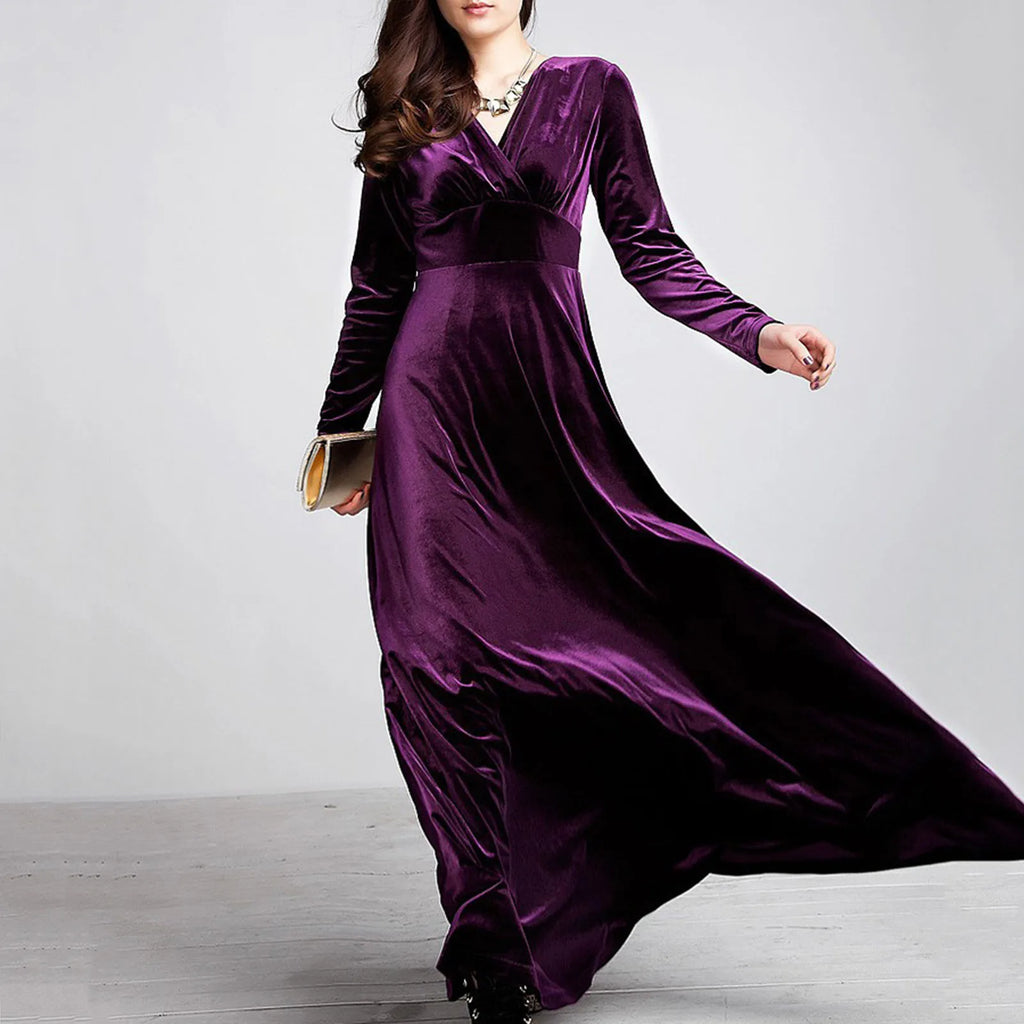 Vintage Women Autumn Long Sleeve V Neck Pleated Velvet Banquet Party Maxi Dress Party Wedding Elegant Evening dress 