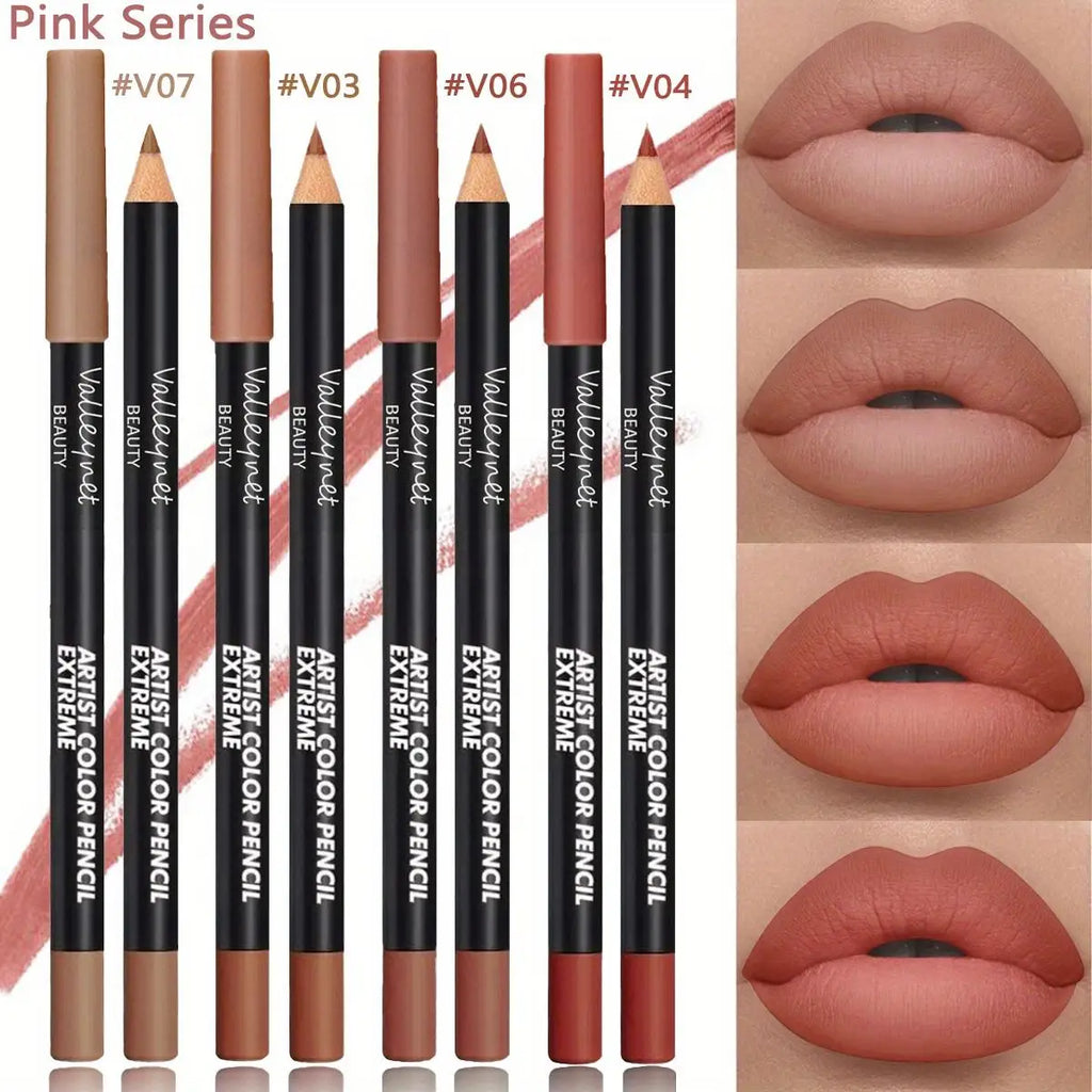 4pcs long-lasting matte lip liner set in pink tones. Waterproof makeup pencils with swatches showing smooth finish.