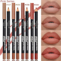 4pcs long-lasting matte lip liner set in pink tones. Waterproof makeup pencils with swatches showing smooth finish.