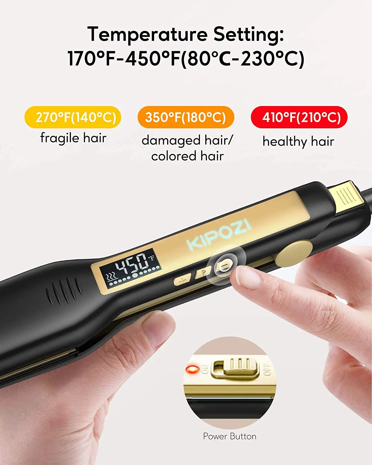 KIPOZI black and gold titanium flat iron with LCD digital display and adjustable temperature settings for hair styling.