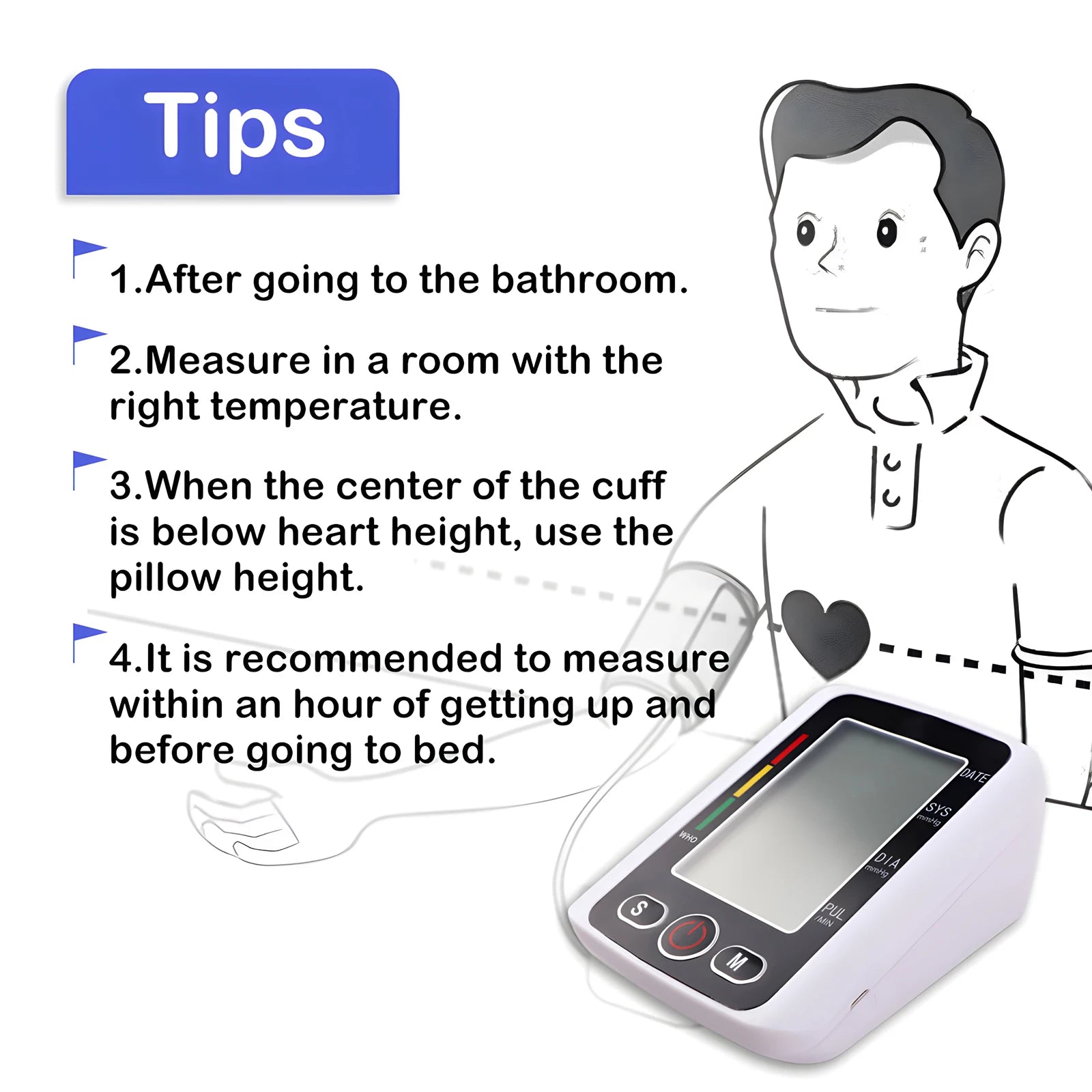 Digital Blood Pressure Monitor Arm Sphygmomanometer Heart Rate Pulse Meters Big Screen Automatic Tonometer with Cuff