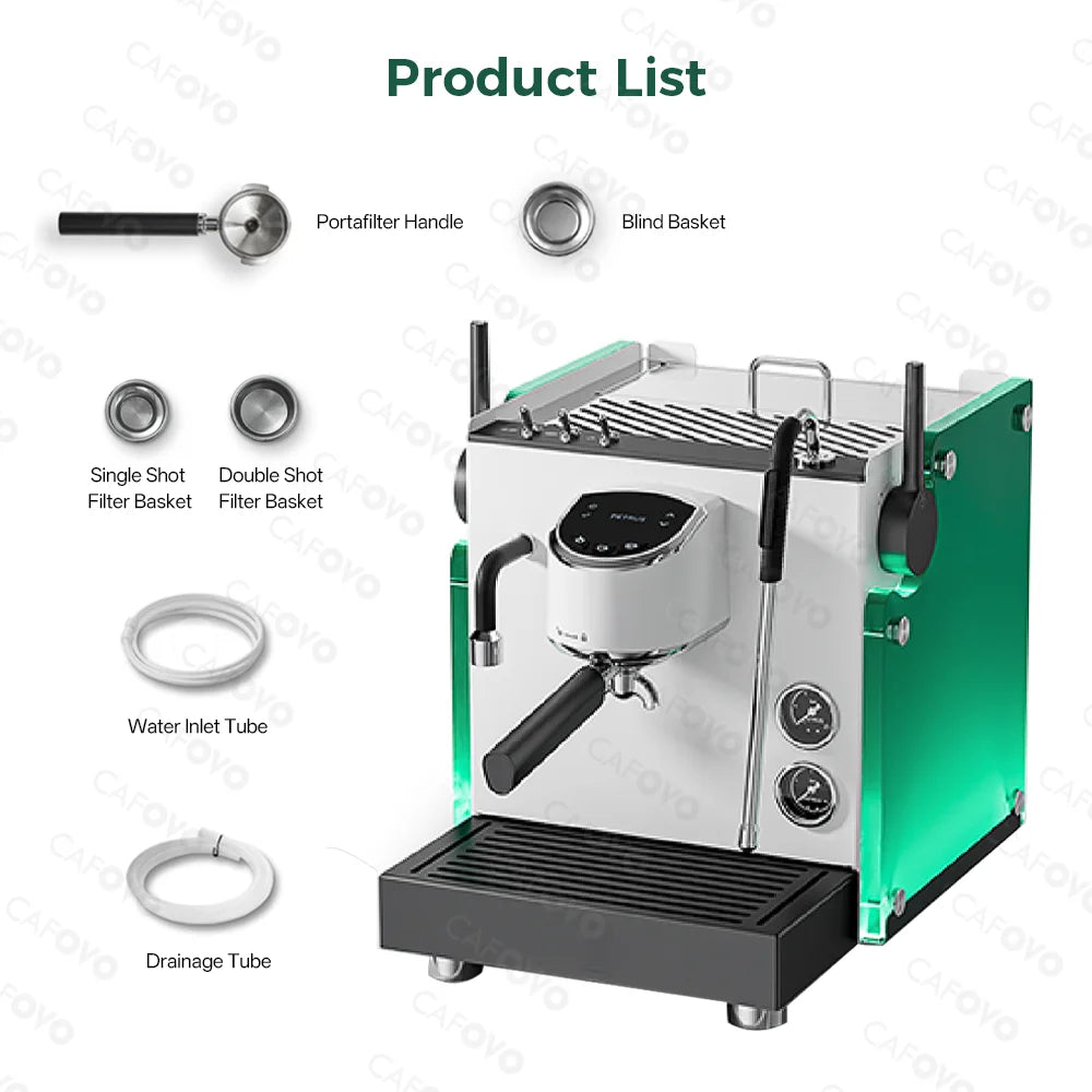 Cafovo commercial espresso machine in white and green with portafilter, filter baskets, and water tubes.