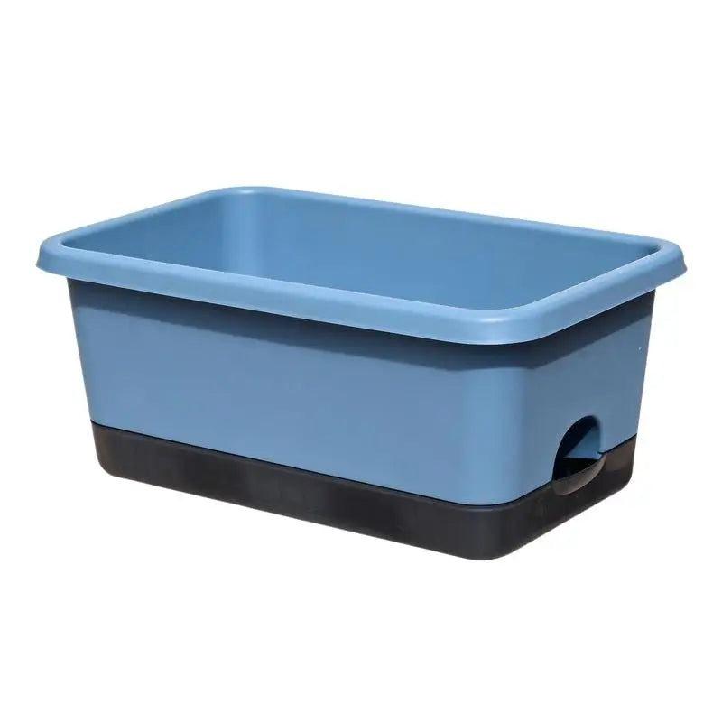 Blue rectangular self-watering planter box with black drainage base and side openings
