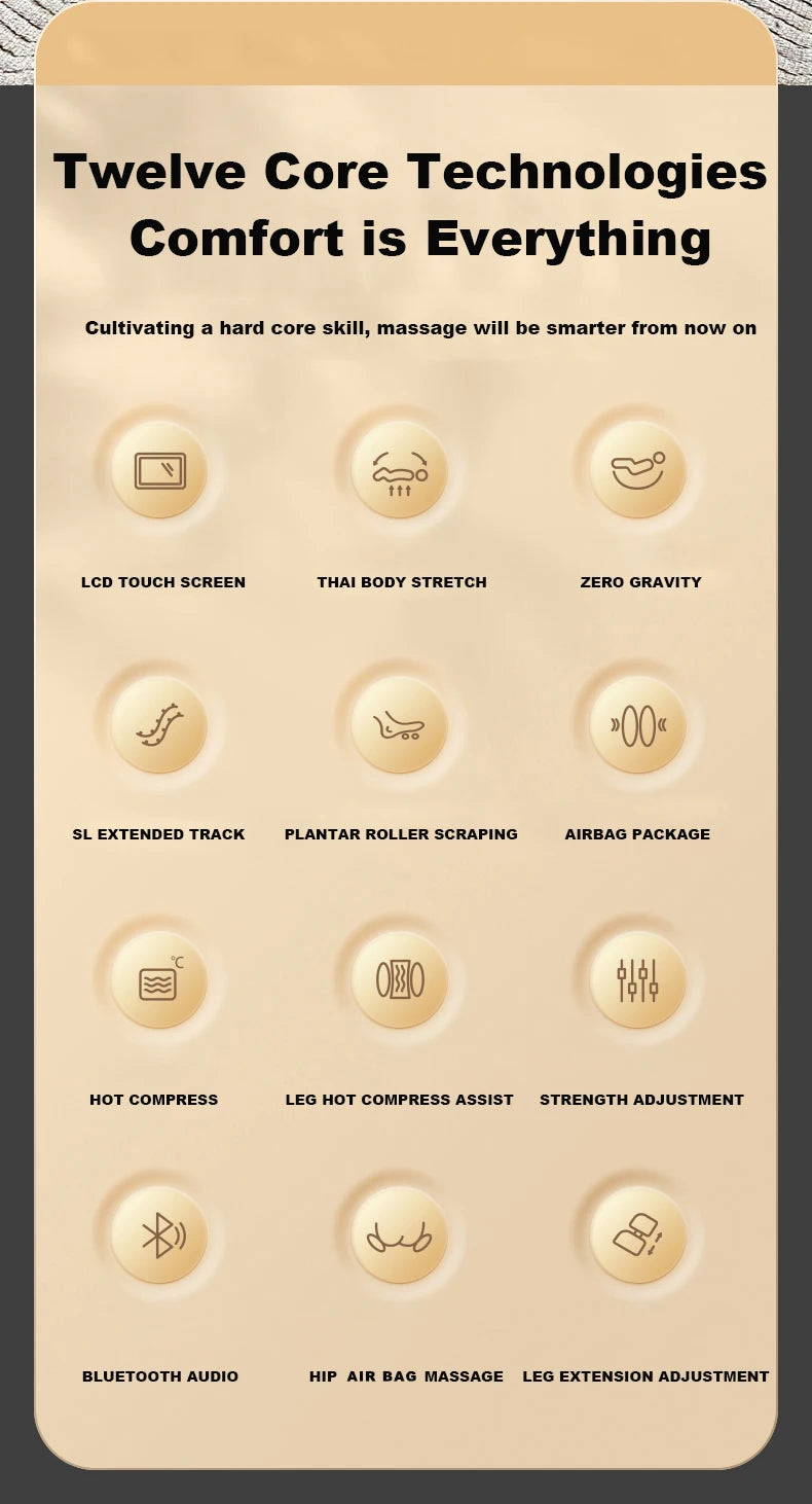 Massage chair control panel with icons for heat, zero gravity, and Bluetooth audio