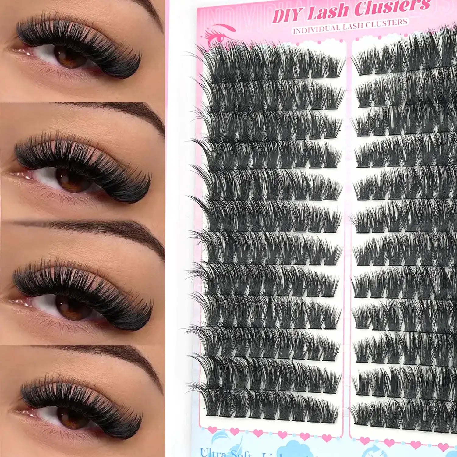 Black DIY lash clusters in a tray, paired with four close-up photos showing the lashes applied to an eye.