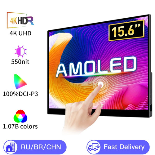 15.6-inch 4K AMOLED portable touch monitor with vibrant display and side ports, featuring hand interacting with screen.
