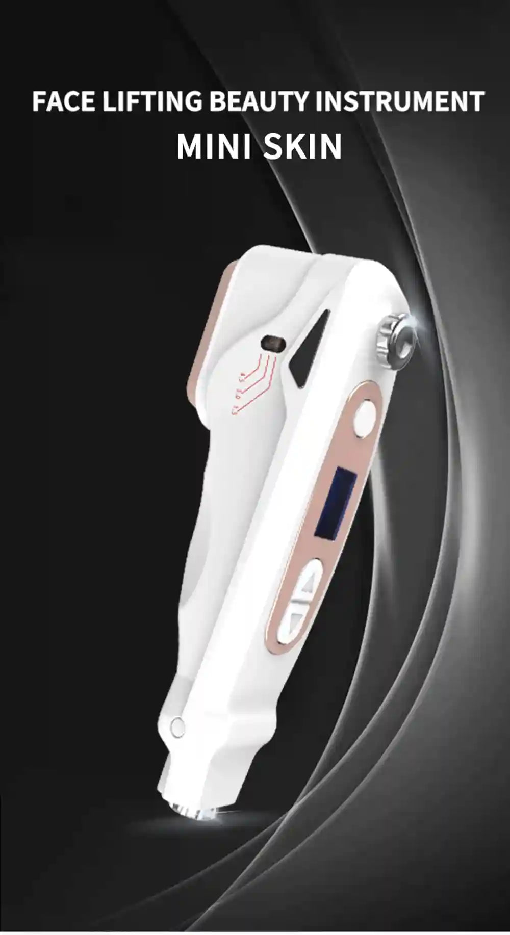 White mini HIFU face lifting device for home anti-aging, featuring ultrasonic tech, digital display, and sleek design.