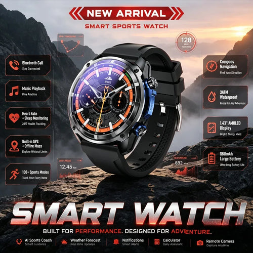Outdoor GPS smart watch with black silicone strap and rugged round black face