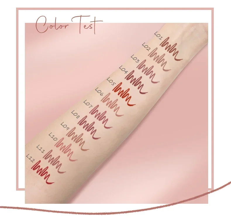 12 shades of Face Secret waterproof matte lip liner pencil swatches on skin for long-lasting velvet lip makeup.