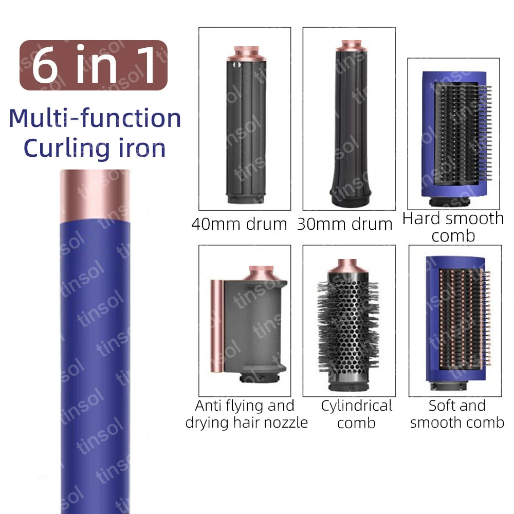 6-in-1 blue and rose gold high-speed hair dryer set with curling barrels, smoothing combs, and drying nozzle.