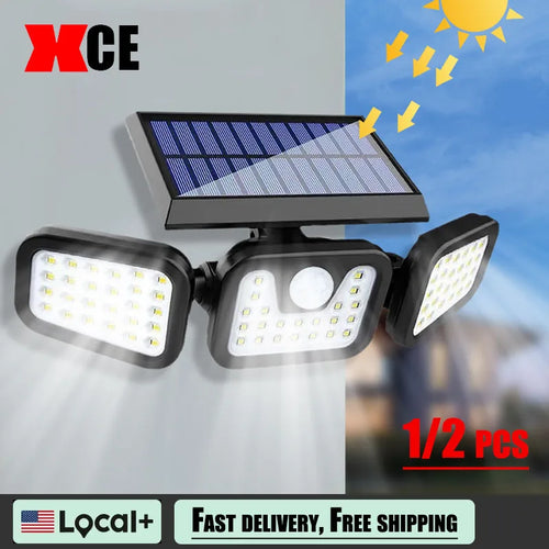 Three-head solar wall light with black housing, top solar panel, bright white LED panels