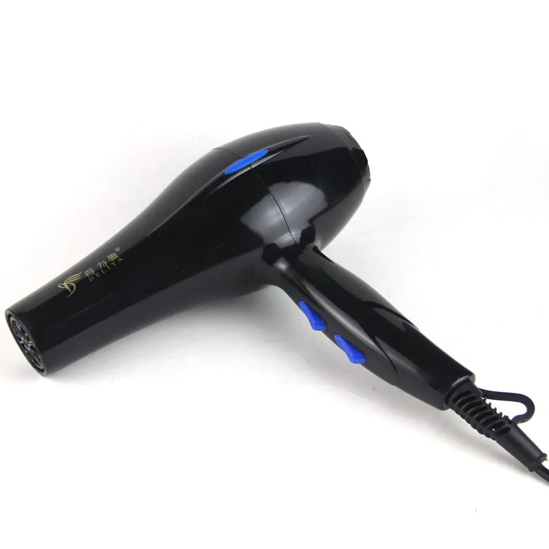 Black professional hair dryer with blue speed settings and hot/cold wind control for salon and home styling.