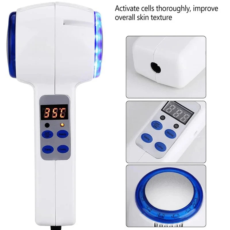 White handheld face massager with blue accents, digital display, control buttons, and metal treatment head.