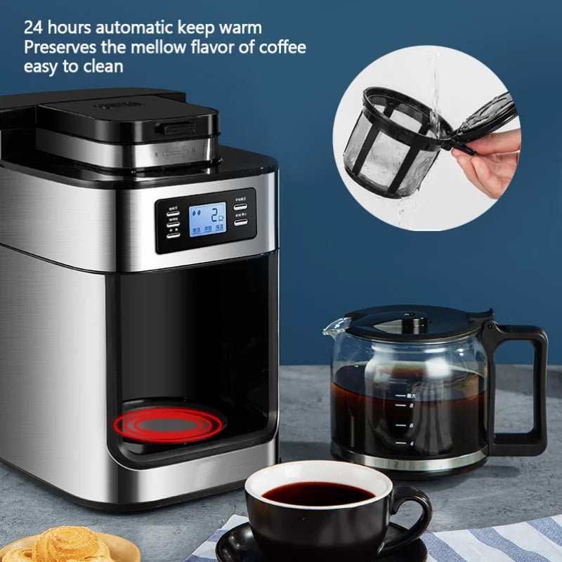 Stainless steel programmable coffee maker with glass carafe, LCD screen, and removable reusable filter basket.