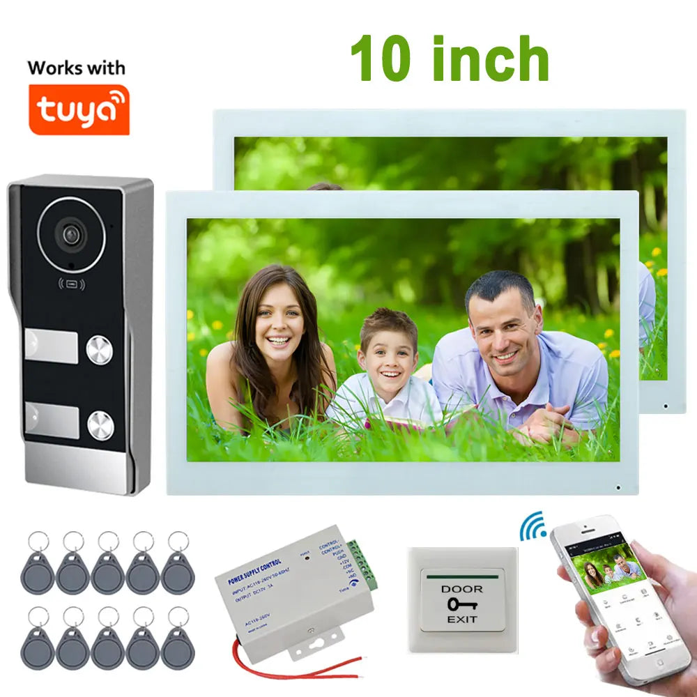 10-inch wired video door phone kit with black doorbell camera, white LCD monitor, RFID tags