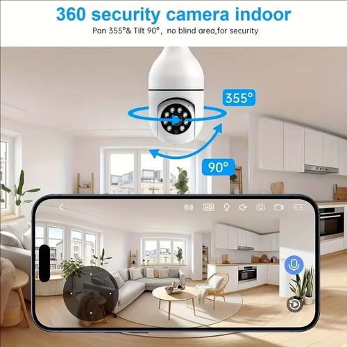 Indoor WiFi bulb security camera with pan-tilt coverage shown, plus phone live view