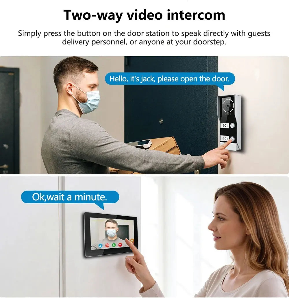 Tuya Smart WiFi Video Doorbell Intercom 1080P 2 Wired 10 inch LCD Video Door Phone System RFID APP Unlock for 2-Unit Apartments