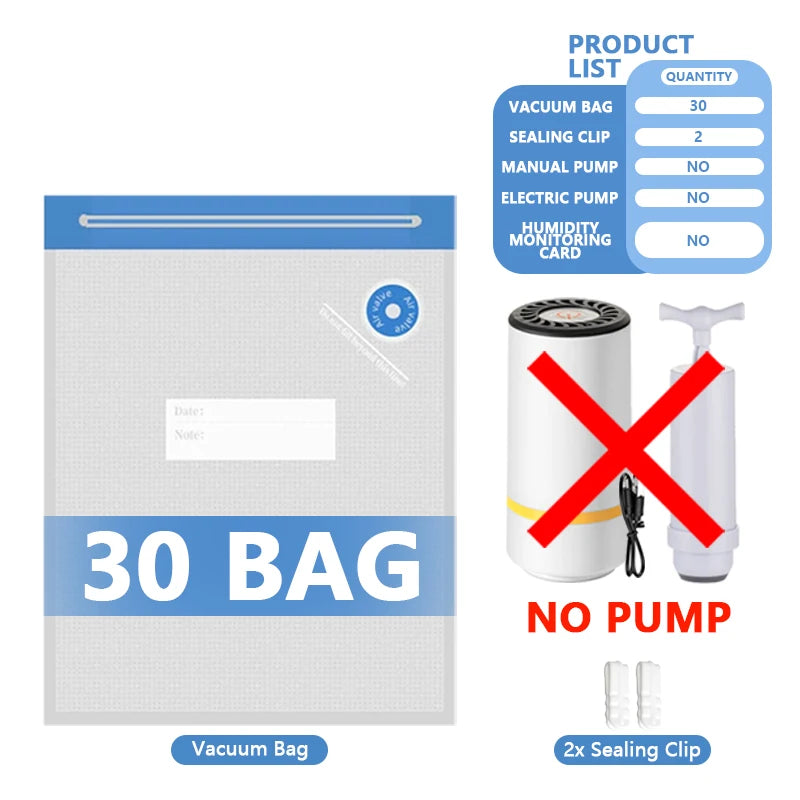 Vacuum sealing bag set for 30 bags with sealing clips (no pump included)