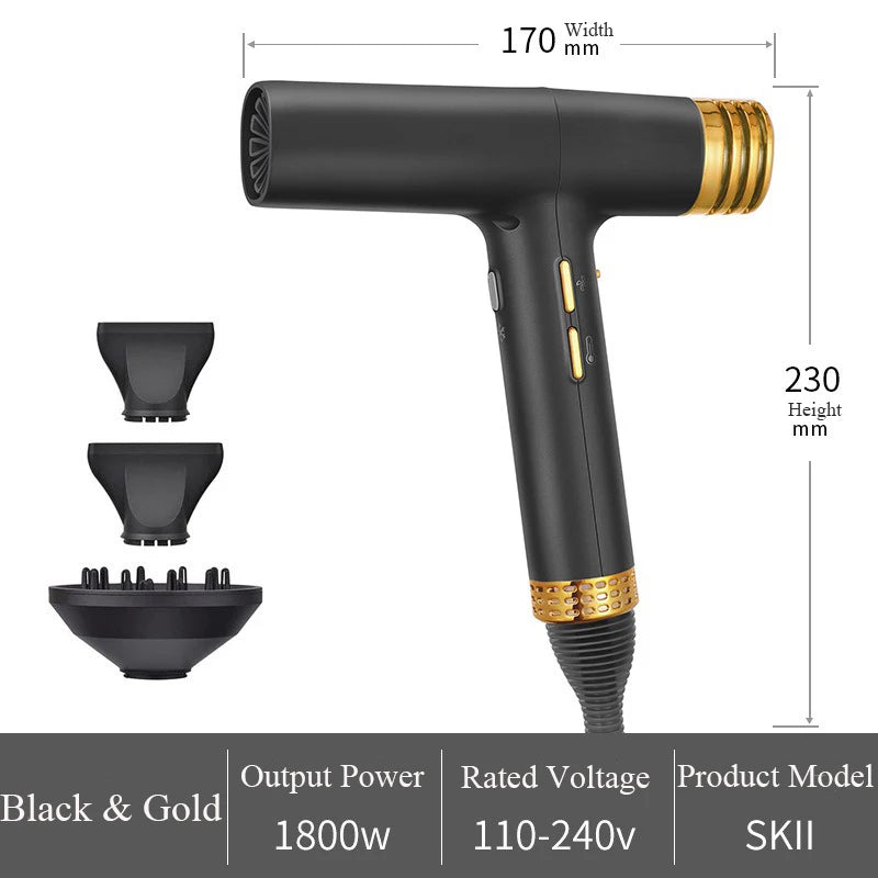 Black and gold quiet hair dryer with negative ions, 3 attachments, and intelligent constant temperature control.
