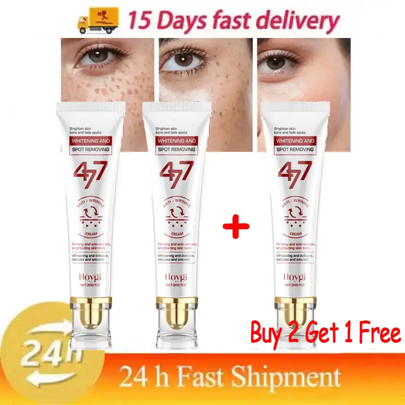 Three white squeeze tubes of 477 spot removing and anti-wrinkle facial cream with clear, gold-accented applicator caps.