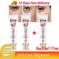 Three white squeeze tubes of 477 spot removing and anti-wrinkle facial cream with clear, gold-accented applicator caps.